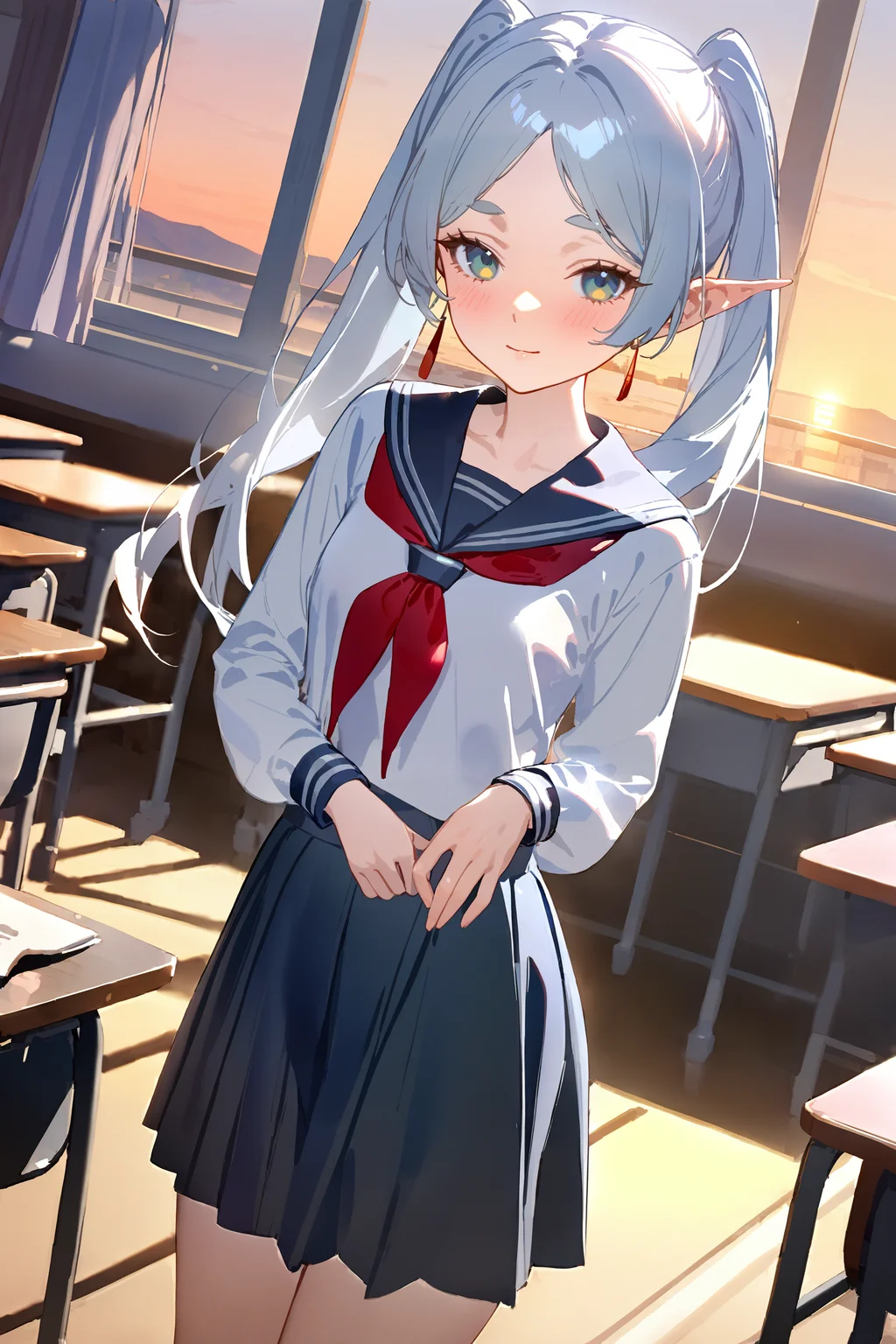 masterpiece, best quality, very aesthetic, ray tracing, newest, (hitenkei, askzy:0.4),1girl, frieren, twintails, school uniform, serafuku, cowboy shot, sunbeam, sunset, classroom, indoors, window, light smile, blush, looking at viewer, facing viewer <lora:quality1:0:hr=2>,  <lora:Char-Frieren-XL-V1:0.9>