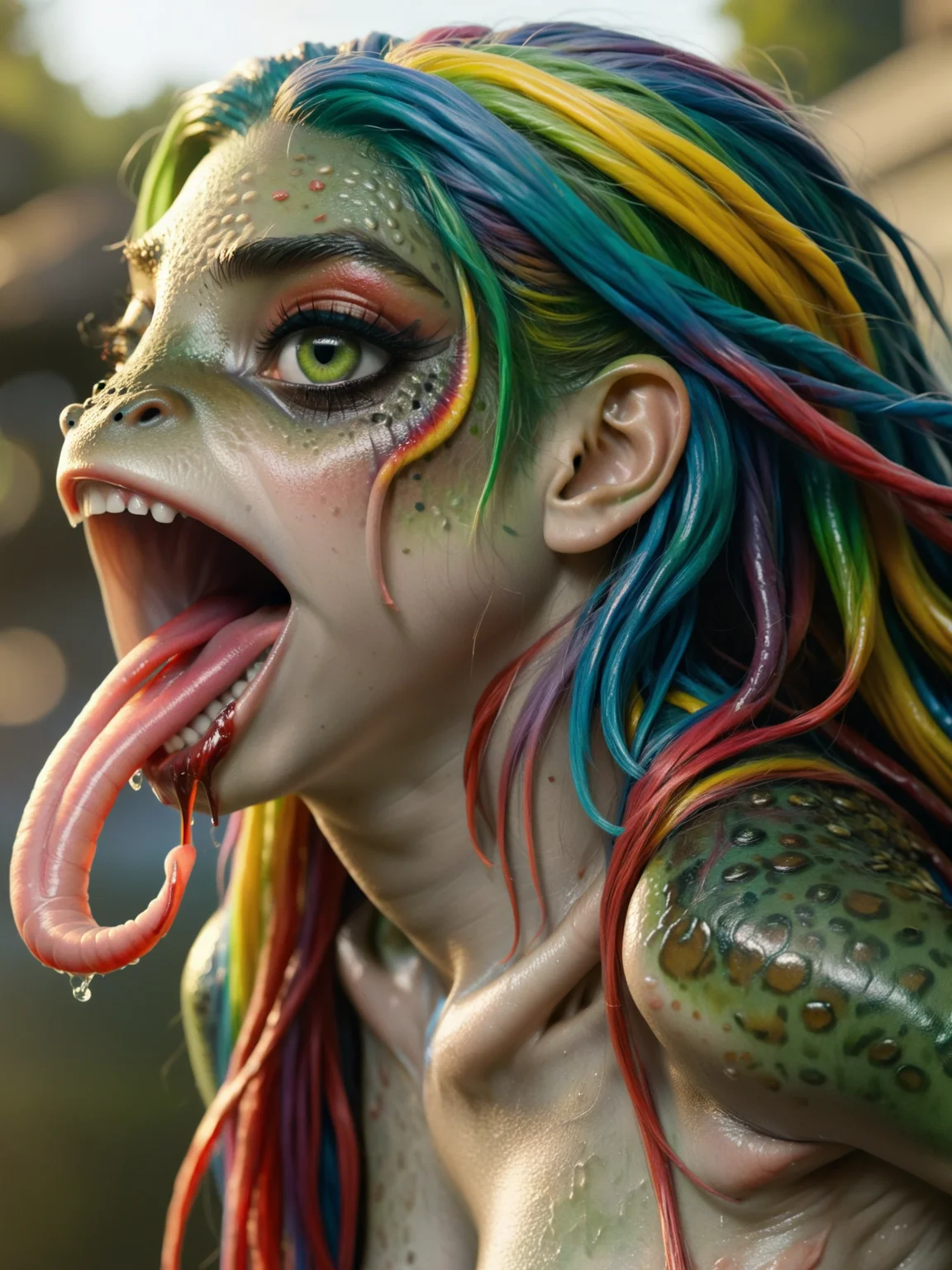 <lora:frog-v3_adam-cosine_16x8-4x1-000003:1.3>
a realistic close-up of a fr0g frog girl with a long tongue and rainbow hair and a beautiful face and green skin and a wide mouth
from the side, 8k, highly detailed, ultra realistic