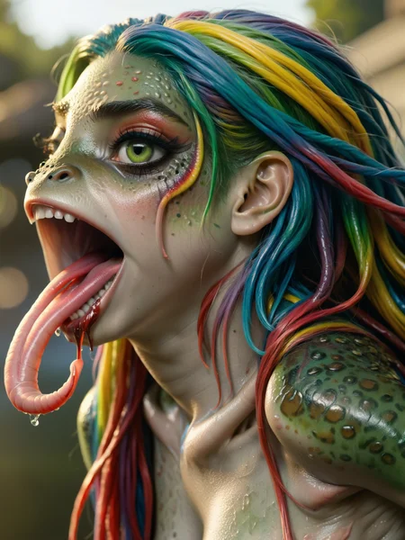 <lora:frog-v3_adam-cosine_16x8-4x1-000003:1.3>
a realistic close-up of a fr0g frog girl with a long tongue and rainbow hair and a beautiful face and green skin and a wide mouth
from the side, 8k, highly detailed, ultra realistic