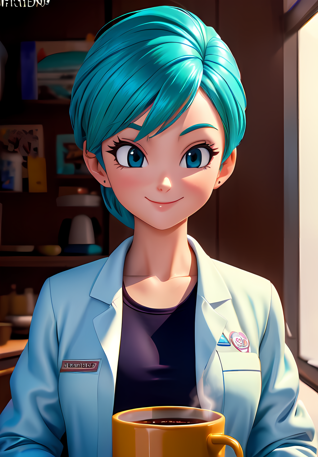 (Photo:1.3), highdetail, <lora:Bulma:0.8>, Bulma, 1girl, solo, labcoat, coffee mug, portrait, smile, (acclaimed, alluring, captivating, exciting, gorgeous, striking:1.3), (trending on artstation:1.3)