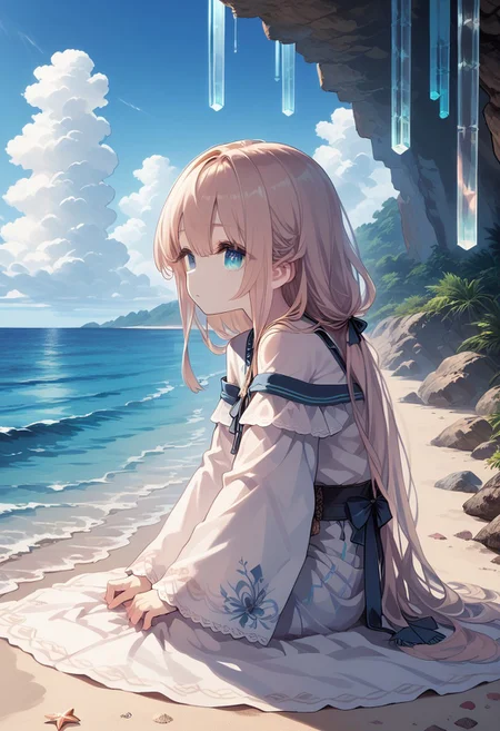 score_9, score_8_up, score_7_up, 1girl, solo, DeadflowP, best quality, masterpiece, (high gradient eyes:1.2), (best illumination, best shadow, masterpiece, high quality), colorful, lively, summer feel, many bright colors, beautiful woman with light summer clothes, loose hair, sitting on a beach with crystal clear water and white sand, bright blue sky