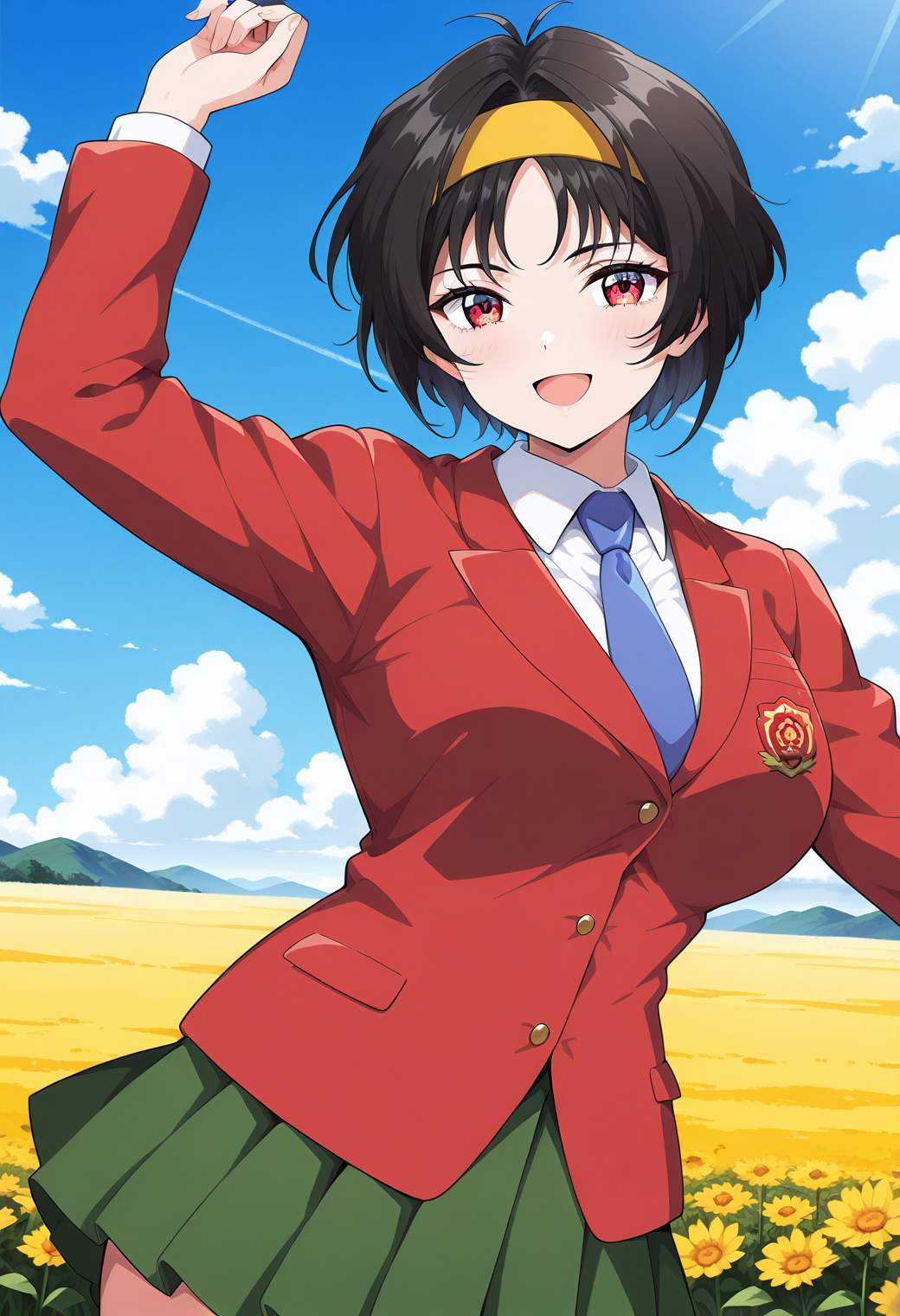 hayami_ryoko, red eyes, short hair, black hair, hairband, blue necktie, red blazer, school uniform, collared shirt, green skirt, <lora:fr_hayami_ryoko_illustrious_ver1:0.8> 
smile, open mouth,, masterpiece, best quality, general,, 1girl, solo, (field:1.2), (blue sky:1.2), looking at viewer,, (cowboy shot, dynamic pose:1.4),