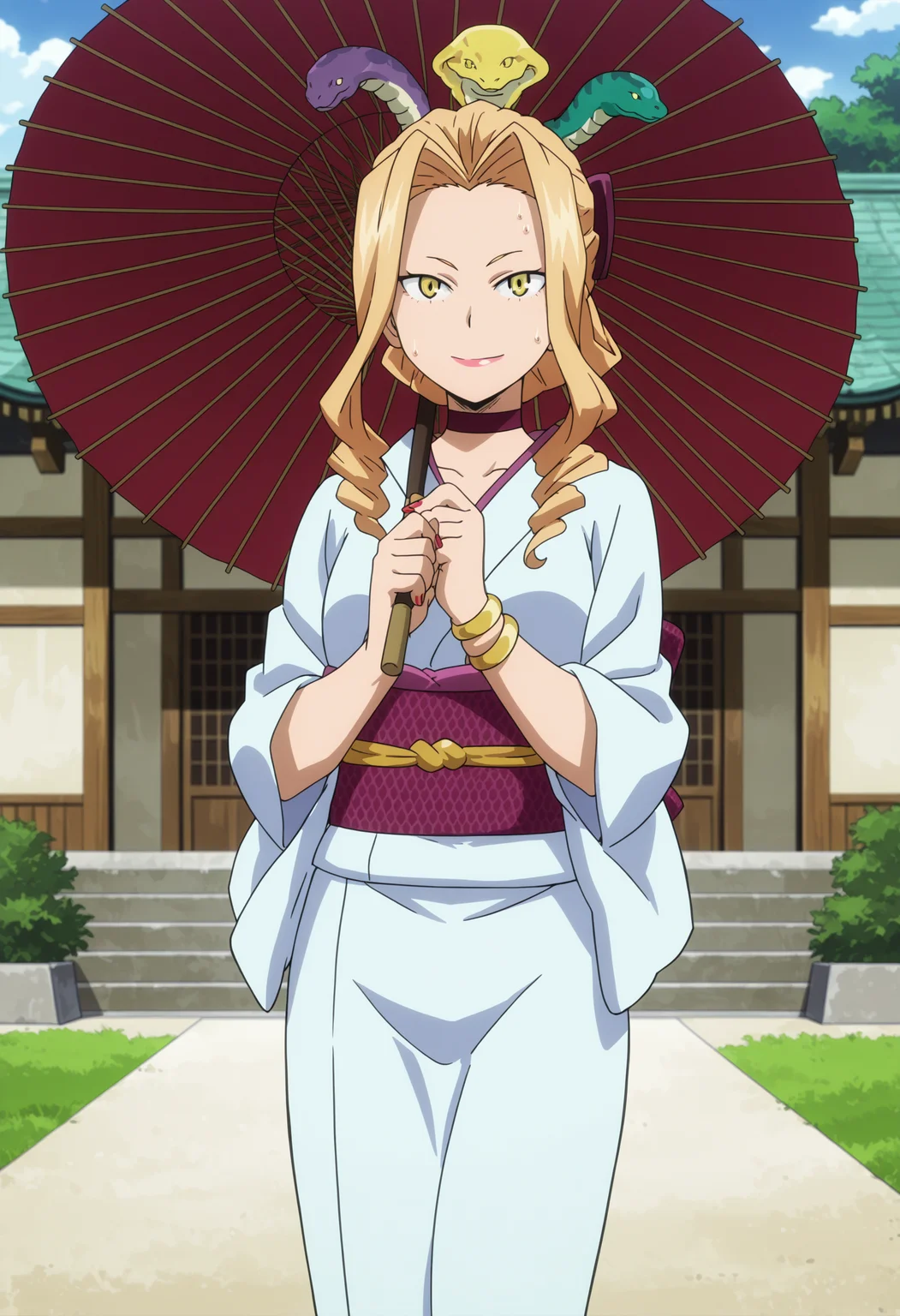 source anime,anime screencap,anime coloring,intricate details,fake screenshot,masterpiece, best quality, very aesthetic, dramatic lighting, illustration,
uncensored,
BREAK,
uwabami, uwabami \(horikoshi kouhei\) , 1girl, yellow eyes, blonde hair, jewelry, bracelet,lipstick,nail polish, long hair,makeup,hair ornament, drill hair, snake hair ornament,snake,choker,
kimono, japanese clothes,
sweat,
perfect face, beautiful eyes, beautiful face,perfect anatomy,
BREAK,
standing, smile, looking at viewer, holding oil-paper umbrella, cowboy shot,
BREAK,
Detailed Background, scenery, outdoors, east asian architecture, japanese temple,
<lora:Uwabami_by_Nyx_for_Illu:0.9> <lora:modern_anime_screencap_v1_0:1>