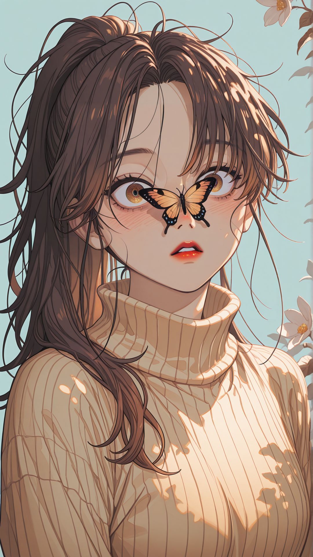 1man, <lora:4kiak4ne:0.8>, 4ki4k4ne_illu, <lora:add-detail-xl:1>
masterpiece,best quality,
brown hair, long hair, ponytail, symmetrical bangs, parted bangs, messy hair, expressive eyes, golden brown eyes, detailed eyes, delicate facial features, detailed skin texture, turtleneck sweater, yellow sweater, ribbed sweater,  small butterfly on her nose, subtle blush, warm color palette, dreamy atmosphere, highly detailed, shading, soft focus background, cinematic composition, 
looking at the butterfly, red lips, parted lips, facing viewer, front view, upper body, teal background, dappled lighting, surprised,