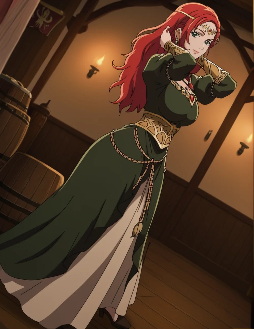 2d, source_anime, BREAK, 1girl, solo, <lora:HeraHammerhand:0.92> HeraHammerhand, red hair, long hair, braid, green eyes, green dress, long dress, side slit, viking heels, gold waist ring, gold hip chain, puffy sleeves, long sleeves, necklace, earrings, circlet, little smile, full body shot, closed mouth, looking at viewer, dynamic angle, angle, indoors, depth of field, bokeh, blurry background, in dark viking hall, viking banner, dark scenery, mood lighting, breasts, from side, hands behind head