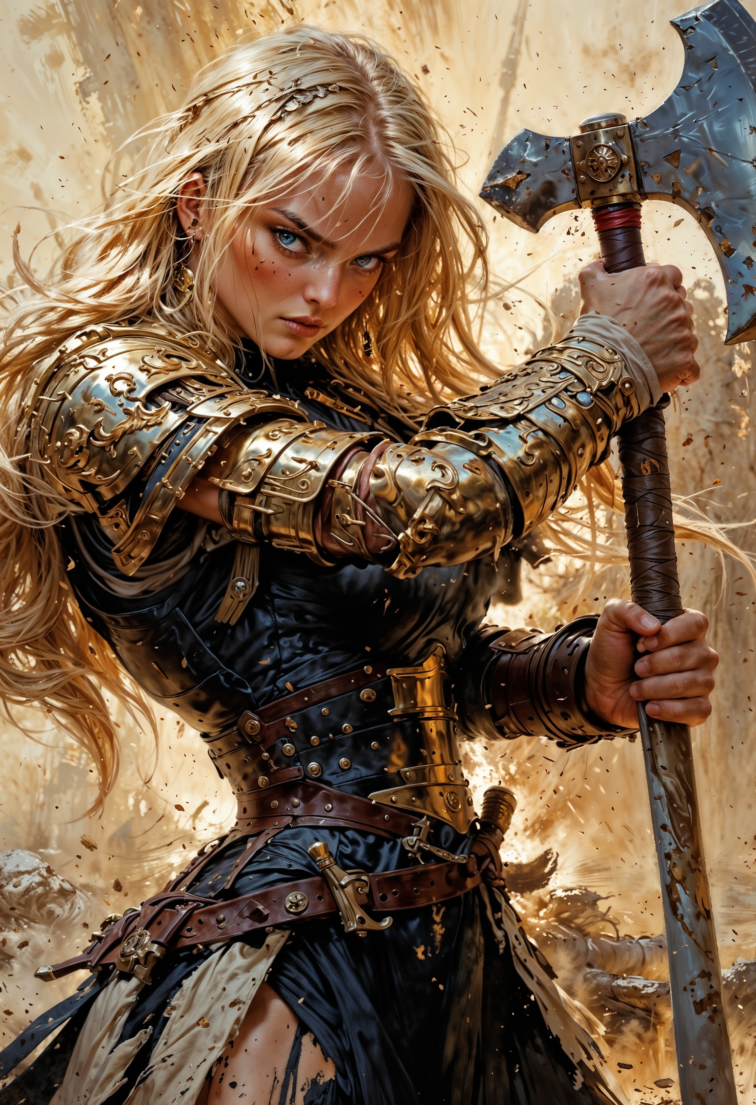 A fiercely elegant female warrior, her blonde hair cascading down her strong shoulders, wields a gleaming battle axe with confidence and poise. The image is a stunning oil painting, with colors so vivid they almost seem to leap off the canvas. Her piercing gaze and determined expression speak volumes about her strength and bravery, captivating viewers with her beauty and power. This masterfully crafted portrayal of a warrior woman exudes an aura of strength and resilience, making it a truly mesmerizing piece of art.
<lora:EpicF4nta5yXL:0.6>, <lora:CinematicStyle_v1:0.8>, <lora:DetailMaximizer:0.7>