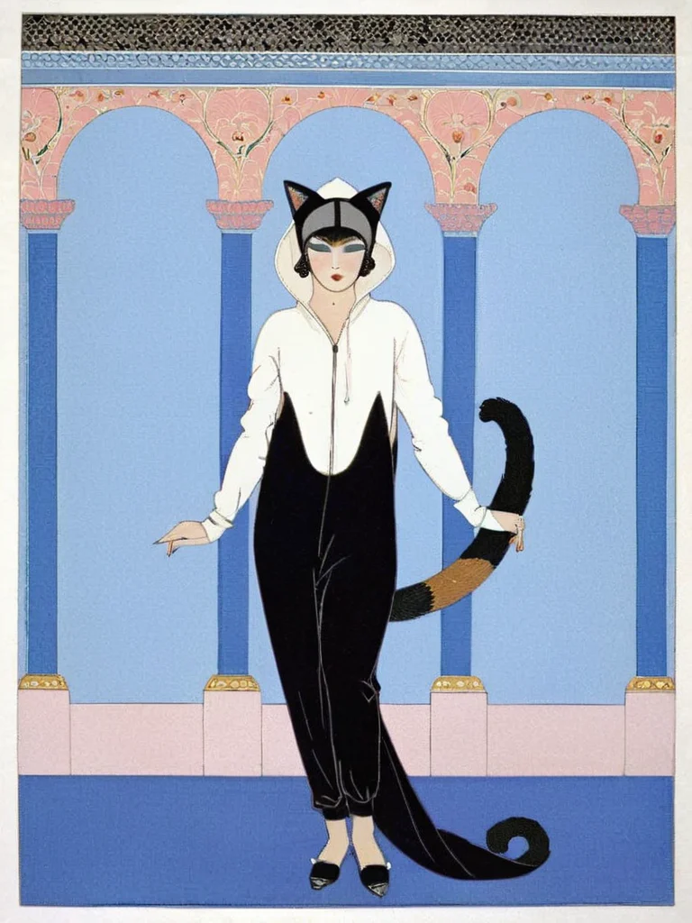 <lora:sdxl_George barbier v1.0:0.8>,best artwork of george barbier, magazine,1920s fashion,illustration, flat illustration, 1girl, (black theme:1.4), (fusion of black hoodie and black jumpsuit:1.4), (put a hood on head:1.4), (black cat ears on hood:1.3), (black slippers:1.1),, masterpiece, best quality,absurdres,highres,ultra detailed,official art,
BREAK