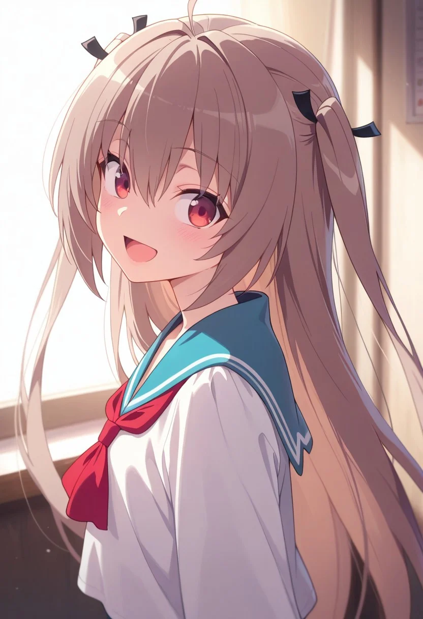 masterpiece,best quality,amazing quality, atri, long hair, brown hair, red eyes, 1girl, solo, school uniform, open mouth, smile, looking at viewer, sailor collar, blue sailor collar, two side up, serafuku, hair between eyes, looking to the side, :d