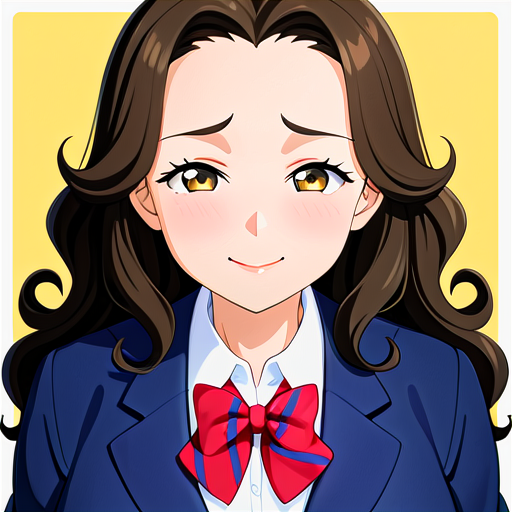 anime, best quality, (masterpiece:1.4), (high quality:1.4), sharp focus, 4k, absurd resolution, detailed hands, curly hair, long hair, (black hair), 1girl, mature female, smug, (parted hair:1.7), (round face), (no_bangs:1.3), (no_fringe:1.6), <lora:ETO_OC_XL:0.7>, looking at viewer, (thick eyebrows:0.9), sundress, (plump:0.8), round-chin, (greenish brown eyes), (brownish green eyes), big breasts, caucasian, down-turned eyes, blush, 1girl, forehead, <lora:printemps lovelive XL:0.8> winter uniform, blue blazer, summer uniform, yellow vest, casual,