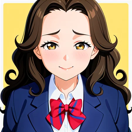anime, best quality, (masterpiece:1.4), (high quality:1.4), sharp focus, 4k, absurd resolution, detailed hands, curly hair, long hair, (black hair), 1girl, mature female, smug, (parted hair:1.7), (round face), (no_bangs:1.3), (no_fringe:1.6), <lora:ETO_OC_XL:0.7>, looking at viewer, (thick eyebrows:0.9), sundress, (plump:0.8), round-chin, (greenish brown eyes), (brownish green eyes), big breasts, caucasian, down-turned eyes, blush, 1girl, forehead, <lora:printemps lovelive XL:0.8> winter uniform, blue blazer, summer uniform, yellow vest, casual,