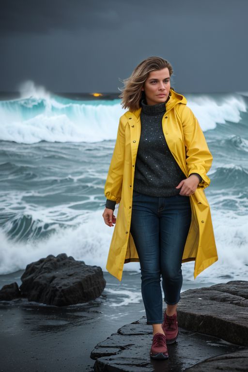 a close up photo, woman, eye contact, (walking on the rocks:1.2) on a dark (stormy night:1.2) wearing a yellow raincoat, (waves crashing:1.2), (storm:1.2), (wind swept:1.2), lighthouse, (nighttime:1.2),  (ocean spray:1.2), (lighthouse:1.1), bokeh, detailed face