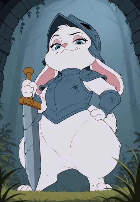 source_disney, DisneySilverAge, flat colors, masterpiece, best quality, amazing quality, very aesthetic, absurdres, newest, solo, female, cute, shortstack, feral, rabbit, (floppy ears), white fur, fluffy, blue eyes, battered armor, helmet, holding dented sword, leaning on sword, hand on hip, smug, looking at viewer, inside (dungeon), moss, ivy, grass, fog, (4 digits), from below,