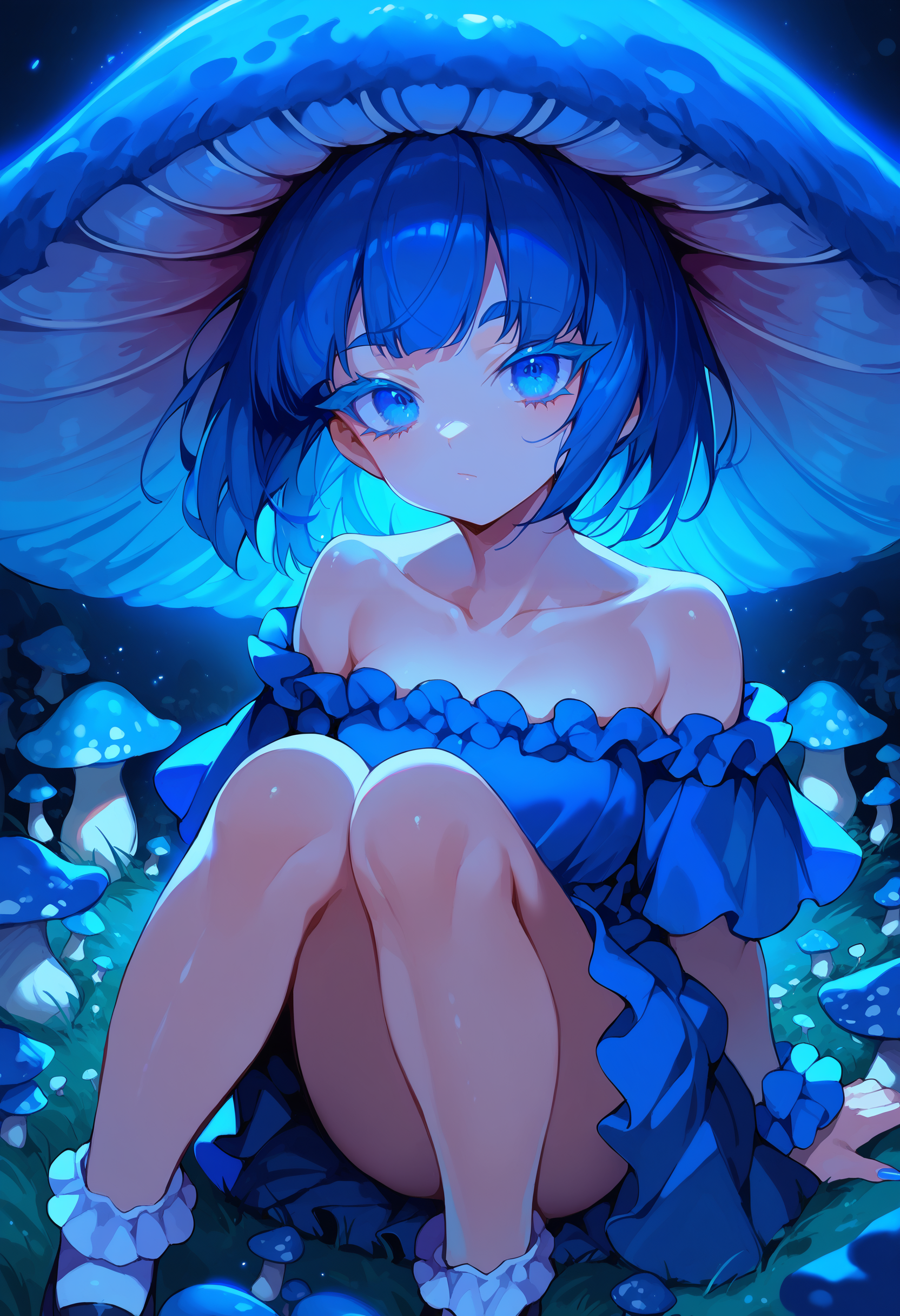 score_9, score_8_up, score_7_up, score_6_up, source anime,
mushroom girl, 1girl, bare shoulders, blue theme, blue nails, jirai kei, colored eyelashes,
blue eyes, looking at viewer, closed mouth,
collarbone, facing viewer, light particles, mushroom, mushroom hat, personification, solo,
close-up, knees up, mary janes,
<lora:monmusu_plant_girl_v11:1>