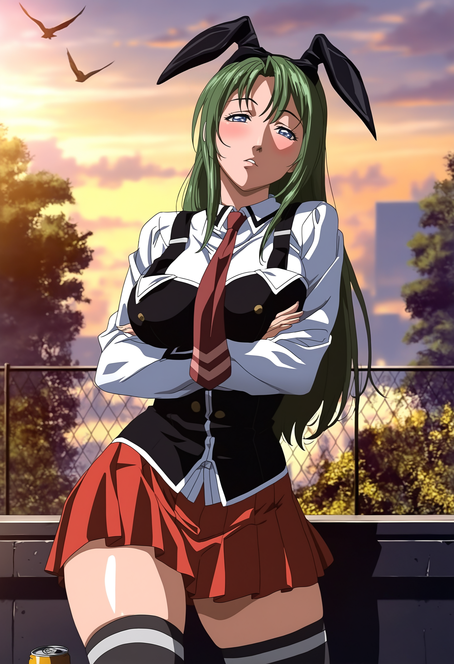 masterpiece, best quality, highres, absurdres,  very awa, bloom, shadow, 
1girl, ito mika, standing, cowboy shot,
looking at viewer, blush, parted lips, leaning on fence, crossed arms, head tilt, contrapposto, can, 
green hair, long hair, blue eyes, rabbit ear hairband, half-closed eyes, 
thick thighs, shiny skin, large breasts, curvy,
white shirt, red necktie, black vest, suspenders, red skirt, pleated skirt, black thighhighs, white trim,
outdoors, cloudy sky, bird,  tree, sidelighting, sunlight, evening, chain-link fence, on rooftop, 
 <lora:Ito Mika 3216 NoobAIXL Vpred:1>