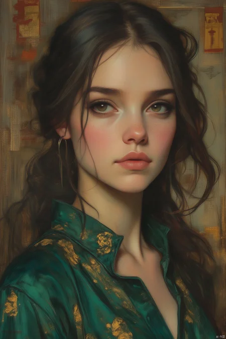 OBxiaoxiang,
A striking portrait of a woman, her eyes sparkling with intellectual curiosity. She wears a rich, emerald green dress, decorated with gold accents. Her expression is thoughtful, her gaze directed towards a distant horizon, filled with a sense of purpose and ambition. The background suggests a grand, intellectual environment.