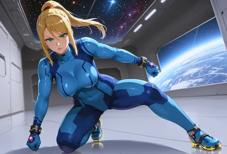 takeda hiromitsu style, source_anime, anime screencap, uncensored, dynamic angle, dynamic view, takeda hiromitsu style, dynamic pose, foreshortening, extreme perspective,
sole female, solo, 1girl, samus aran, blonde hair, swept bangs, long hair, ponytail, mole under left lip, turquoise eyes, zero suite, blue body suit, blue gloves, metal bracelets, sagging breasts, medium breasts, skintight, fully dressed, action pose, dynamic pose, determined, superhero landing, dynamic pose, holding gun, complex background, detailed background, inside giant spacecraft, outer space in window, multiple galaxies in the background, giant view of space, giant window with a view of space, view of planets, view of stars, depth of field, blurry background, volumetric lighting, back lighting, side lighting, 3 point lighting, reflective floor, glossy floor, reflective interior,
<lora:takeda_hiromitsu_style_xl_goofy:1.0>, <lora:DynamicPose_alpha1.0_rank4_noxattn_100steps:3.0>, <lora:Superhero_landing:0.5>