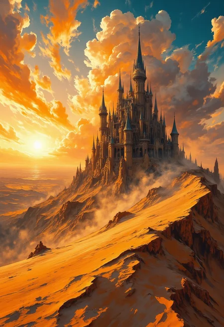 A landscape of tall dunes in a desert the stretches to the horizon. The sun is just rising above the horizon, painting the sky in vivid hues and lighting the dunes and the sand. Epic clouds catch the sunlight and a storm seems to be building in the distance. The dunes move like waves. A walking castle strides the dunes, huge and strange.
