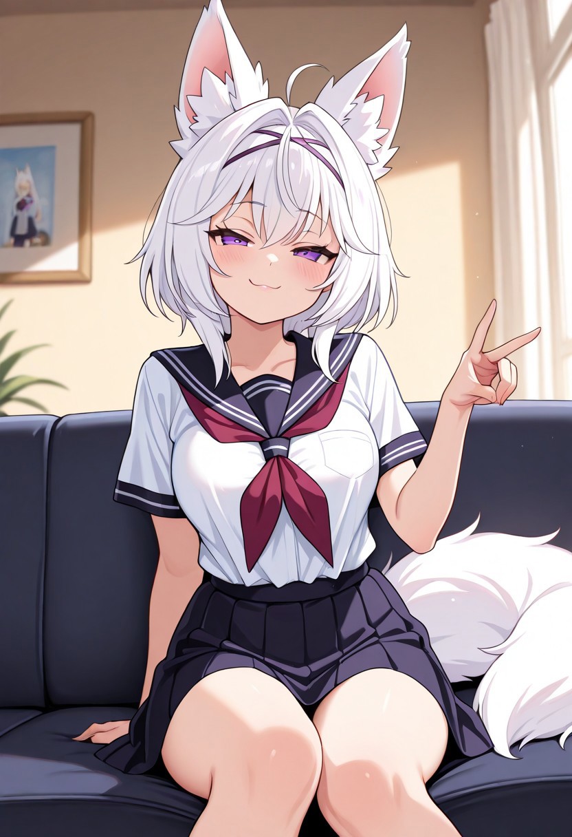 solo, woman, filian, purple eyes, white hair, fox ears, school uniform, tail, pogi hand sign, smug face, sitting on a sofa, room, high quality, best quality, masterpiece, 4k resolution, anime