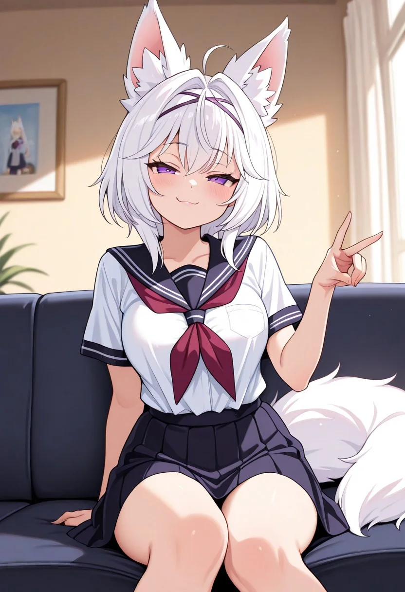 solo, woman, filian, purple eyes, white hair, fox ears, school uniform, tail, pogi hand sign, smug face, sitting on a sofa, room, high quality, best quality, masterpiece, 4k resolution, anime