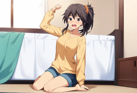 1girl, yuzuri\(memories off 8\), solo, long sleeves yellow shirt, barefoot, yawling, stretching, orange hairscrunchie, indoors, waiza, brown hair, ponytail, one side up, black eyes, masterpiece, best quality, very aesthetic, absurdres, <lora:yuzuri-1.3:1>