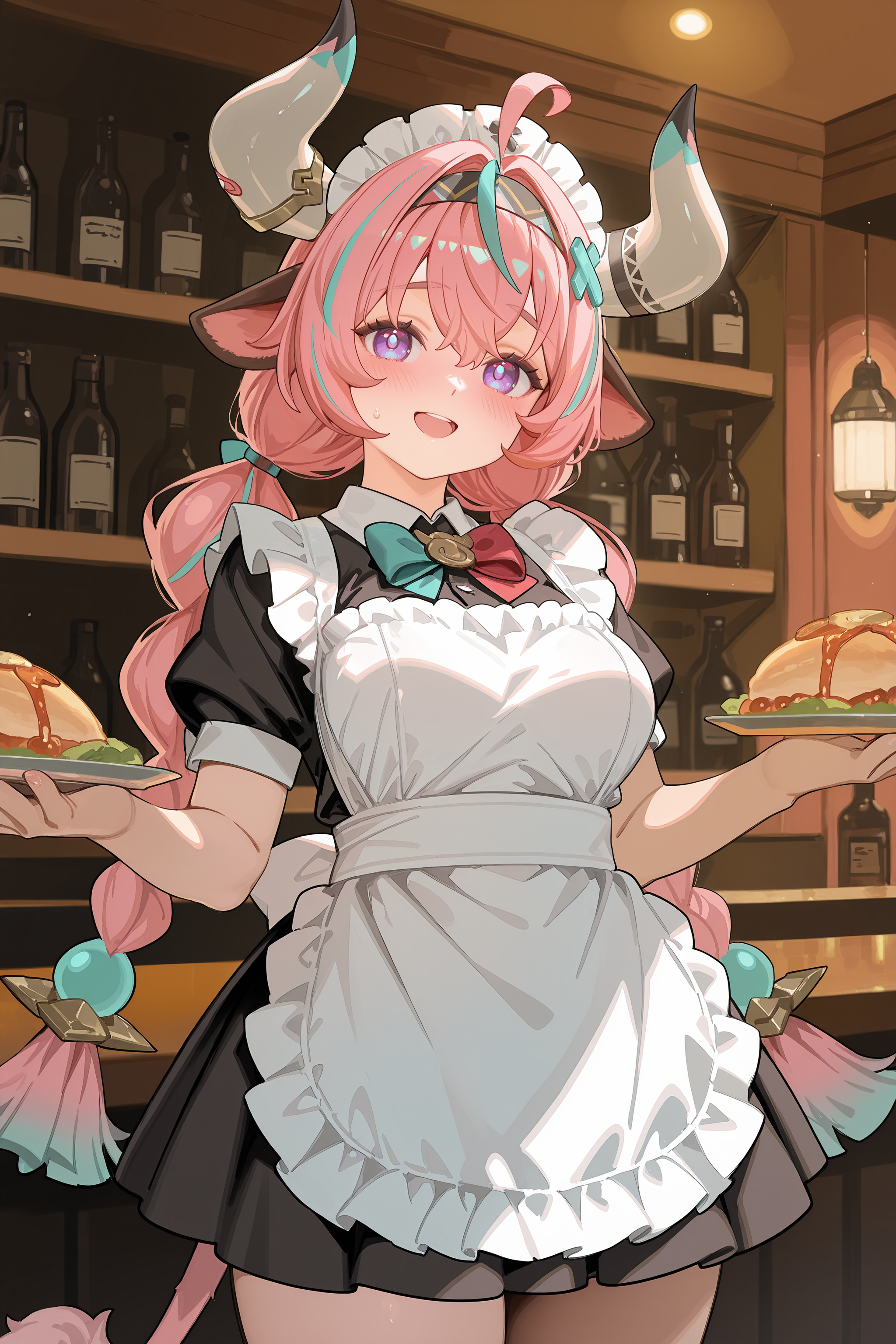 1girl, solo, varesa \(genshin impact\), plump, tail, twin braids, solo, maid, maid headdress, maid apron, embarrassed,  open mouth, blush, smile, open mouth, holding plate, looking at viewer, cowboy shot, bar \(place\), indoors, depth of field <lora:Char-Genshin-Varesa-V1-IL:0.9:hr=0.6>, plump, kanzaki hiro, ciloranko, alphonse \(white datura\), (ask \(askzy\), gomzi, you shimizu: 0.7)
masterpiece, best quality, amazing quality, very aesthetic, absurdres, newest, (scenery, volumetric lighting), ray tracing, (bloom:1.4), cinematic