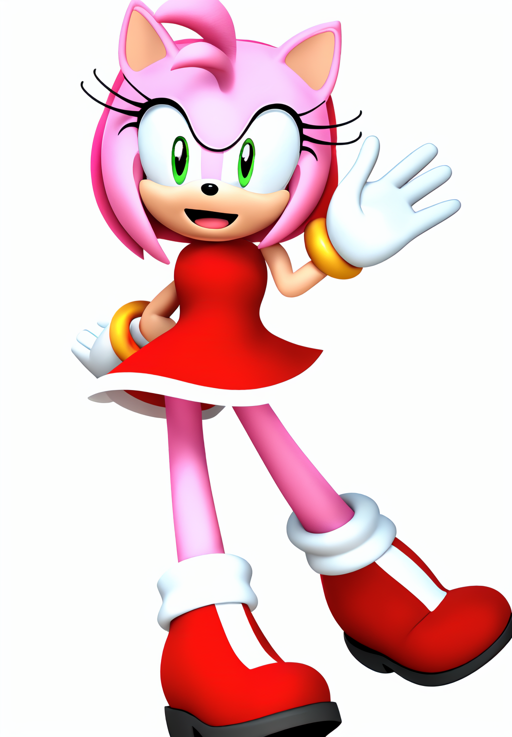 <lora:Amy_Rose:0.8>, Amy_Rose, 1girl, solo, looking at viewer, smile, open mouth, simple background, hair ornament, dress, standing, full body, ahoge, :d, sleeveless, sleeveless dress, short dress, red dress, happy, outstretched arm, clenched hand, white outline