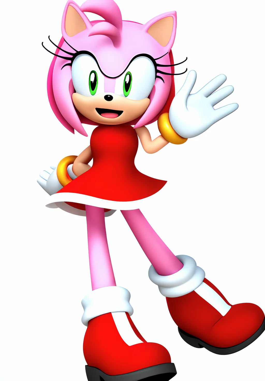 <lora:Amy_Rose:0.8>, Amy_Rose, 1girl, solo, looking at viewer, smile, open mouth, simple background, hair ornament, dress, standing, full body, ahoge, :d, sleeveless, sleeveless dress, short dress, red dress, happy, outstretched arm, clenched hand, white outline