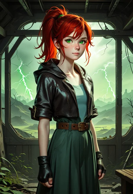 1girl, Masterpiece, 8k, ultra high detail, score_7 up,
volumetric lighting, vivid colors, vibrant colors, score_8_up, score_9, small breast size, sporty red ponytail hair, fcNeg, stunning green eyes, freckles, white skin, small nose, innocent beauty, slim face, cute face, skinny body, perfect body, extreme detailed body, intence green eyes, perfect face, ultra high detailed face, perfect eyes, petite,
Face fokus, fokus on face,
Leather wasteland warrior clothes, dark tattered cloak violently thrashing, dark long torn cloak with hood down, dark hood down,
w4stel4nd3r, fingerless gloves, belt, 2 different leather long skirts,
d3t41l3d, zPDXL3,
Post Apocalyptic landscape, radioactive Storm, green lightning, taking shelter,
Inside a ruin,