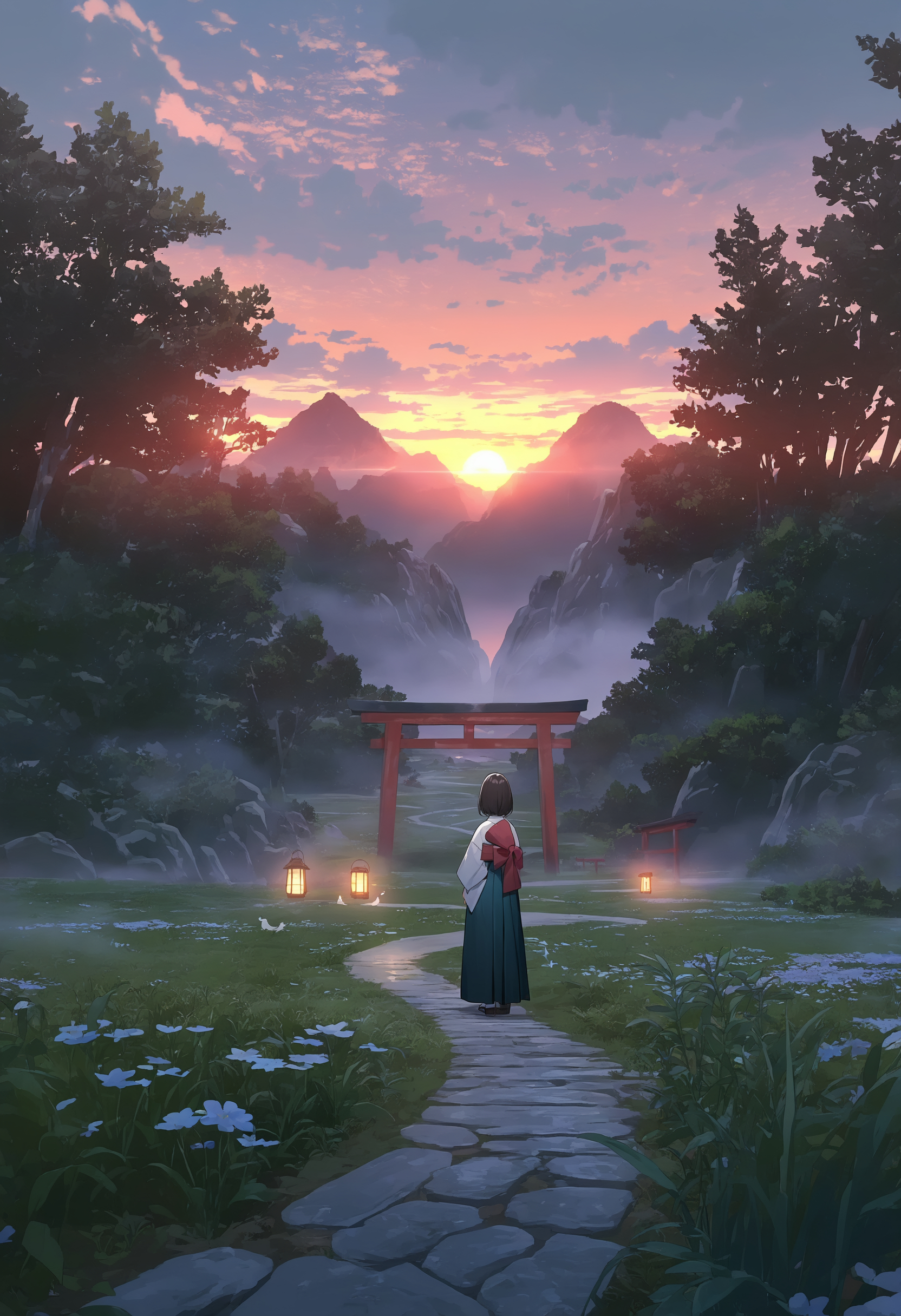 masterpiece, best quality, newest, very awa, anime screencap, torii, scenery, wide shot, illumination, no humans, torii, outdoors, scenery, sky, cloud, stairs, mountain, fog, sunrise, hat, gradient sky, sunset, cloudy sky, twilight, sun, hakama, path, bird, flower, grass, fog, sunrise, lantern, hakama, path, 