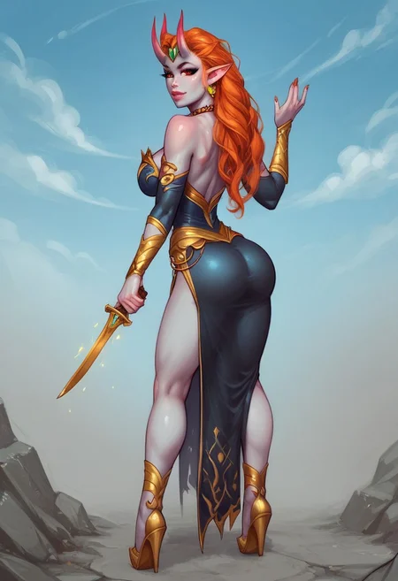 1girl, (((back view))), from front, solo, illustration, comic style, highly detailed, skinny, model body, looking at viewer, masterpiece, best quality,
((fayenchantress, mizora, mizora \(baldurs gate\), mizora \(bg cambion\), 1girl, ashen grey skin, ginger hair, standing, demon girl, looking at viewer, ((grey demon oni horns)), solo, pointy ears, red eyes, demon wings, necklace, dark blue dress, deep cleavage to the waist, full black sleeves, <lora:Mizora_Baldurs_Gate_Cambion_PONY_XL_by_UOC:1.8>))
(young beauty, fit body:1.3), ((((magic shining dagger in right hand, opened the contract for the sale of the soul in left hand)))), dynamic pose,
BREAK
(((ruined city, blue sky:1.6)))) score_9, score_8_up, score_7_up, score_6_up, source_cartoon, rating_explicit, Expressiveh, ((((full body))))), dynamic pose