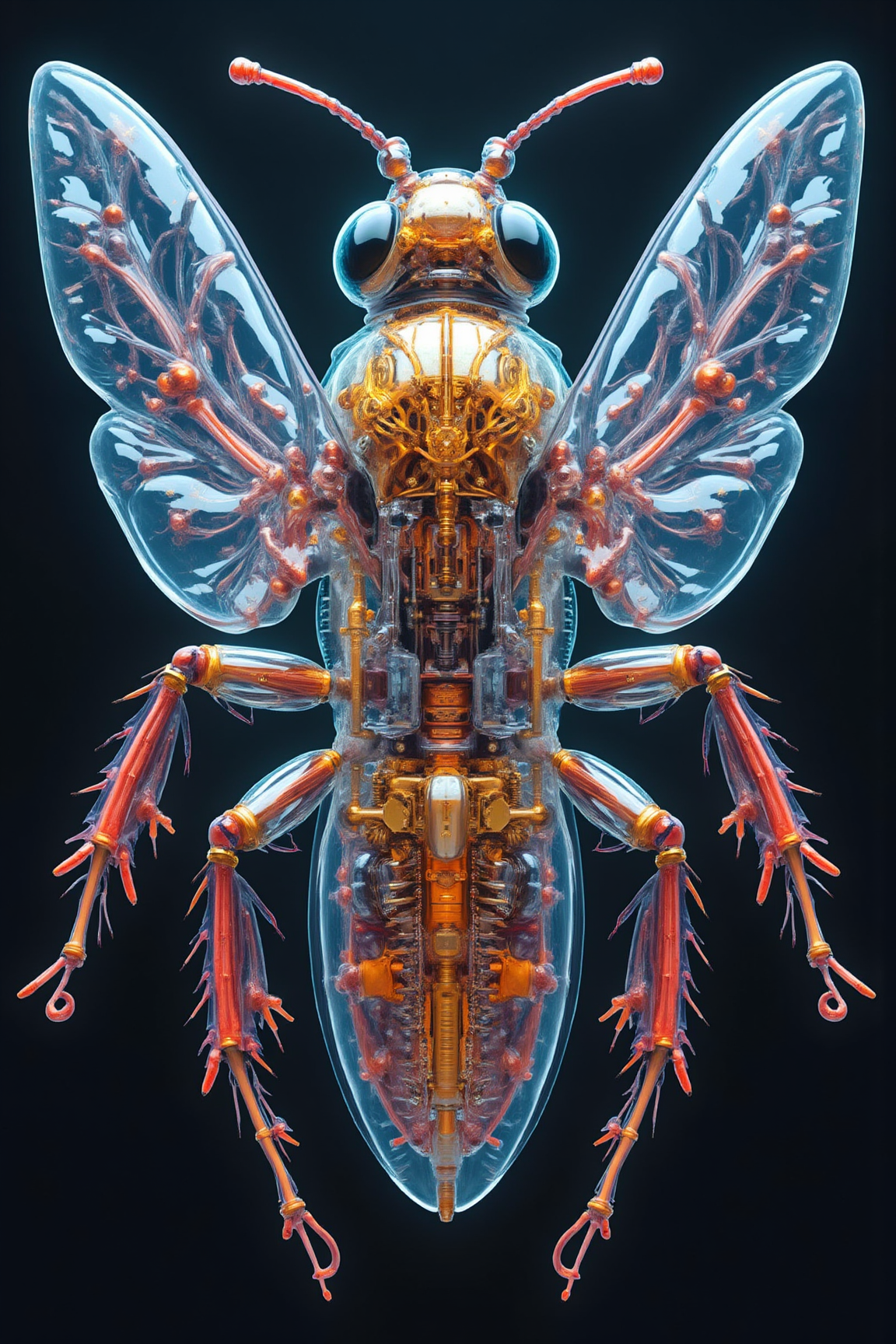 Acrylic, Translucent style, Detailed mechanical illustration showcasing a highly realistic robotic bee with transparent wings, intricate gears and circuits with intricate textures and vibrant colors. The scene should include a rich variety of elements, each contributing to the overall atmosphere. Lighting should be soft, diffused, and natural, enhancing the depth and realism of the scene. The mood is to be calm yet vibrant, creating a sense of serenity and wonder. Every detail in the scene should be meticulously rendered, emphasizing the contrast between light and shadow, and capturing the fine textures and subtle gradients. The color palette should be carefully chosen to evoke emotion, with each hue enhancing the aesthetic appeal of the overall composition. The final image should be immersive and captivating, drawing the viewer into its intricately detailed world.