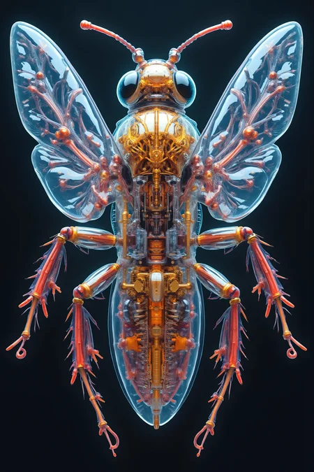 Acrylic, Translucent style, Detailed mechanical illustration showcasing a highly realistic robotic bee with transparent wings, intricate gears and circuits with intricate textures and vibrant colors. The scene should include a rich variety of elements, each contributing to the overall atmosphere. Lighting should be soft, diffused, and natural, enhancing the depth and realism of the scene. The mood is to be calm yet vibrant, creating a sense of serenity and wonder. Every detail in the scene should be meticulously rendered, emphasizing the contrast between light and shadow, and capturing the fine textures and subtle gradients. The color palette should be carefully chosen to evoke emotion, with each hue enhancing the aesthetic appeal of the overall composition. The final image should be immersive and captivating, drawing the viewer into its intricately detailed world.