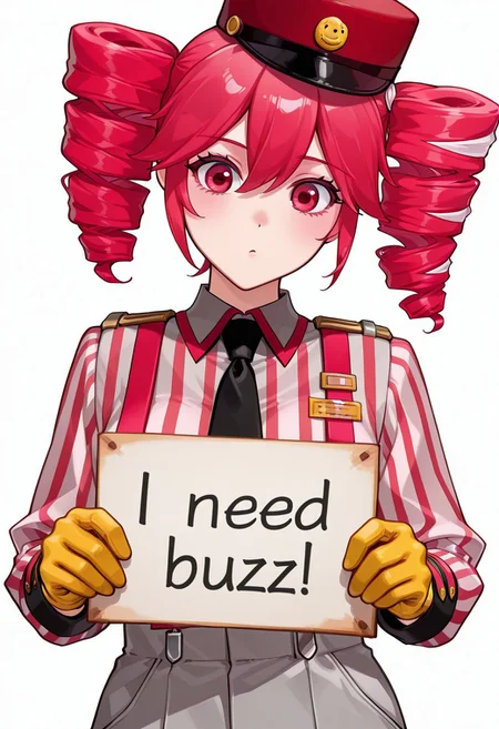masterpiece, need_buzz, holding sign,chibi,chibi style, 
1girl, solo, white background, 1girl, kteto, girl, short hair, drill hair, parade uniform, kteto, girl, drill hair, short hair, yellow gloves, necktie, striped shirt, suspenders, red hat, pants, long sleeves, skirt, close up,(aged up:1.3)