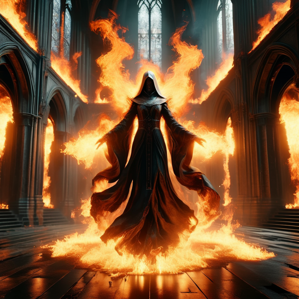 ignar burning nun in a fiery cathedral, darkness, cinematic, enigmatic, photorealistic, very detailed<lora:ignar:1>