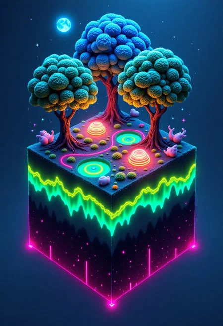 M1CR0CUB3D, A cube world where glowing trees grow on neon moss under a dark, bioluminescent sky. Below ground, data roots pulse with light, connecting to a buried AI core.