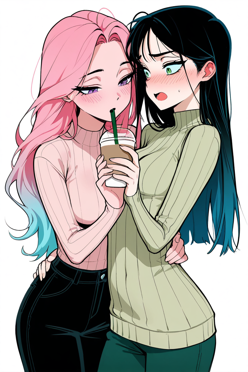 masterpiece, best quality, amazing quality,
 <lora:VIVINOS_IL:1> vivinos, multiple girls, 2girls, pink hair, pants, sweater, blush, cup, black hair, green eyes, multicolored hair, purple eyes, white background, yuri, long hair, green pants, holding, disposable cup, gradient hair, blue hair, holding cup, simple background, open mouth, breasts, ribbed sweater, black pants