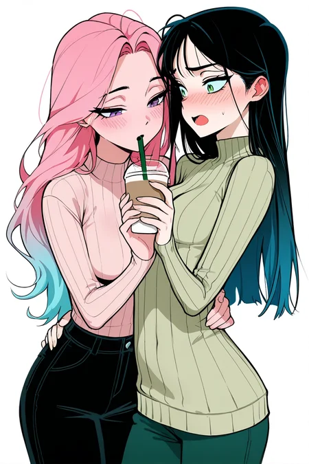 masterpiece, best quality, amazing quality,
<lora:VIVINOS_IL:1> vivinos, multiple girls, 2girls, pink hair, pants, sweater, blush, cup, black hair, green eyes, multicolored hair, purple eyes, white background, yuri, long hair, green pants, holding, disposable cup, gradient hair, blue hair, holding cup, simple background, open mouth, breasts, ribbed sweater, black pants