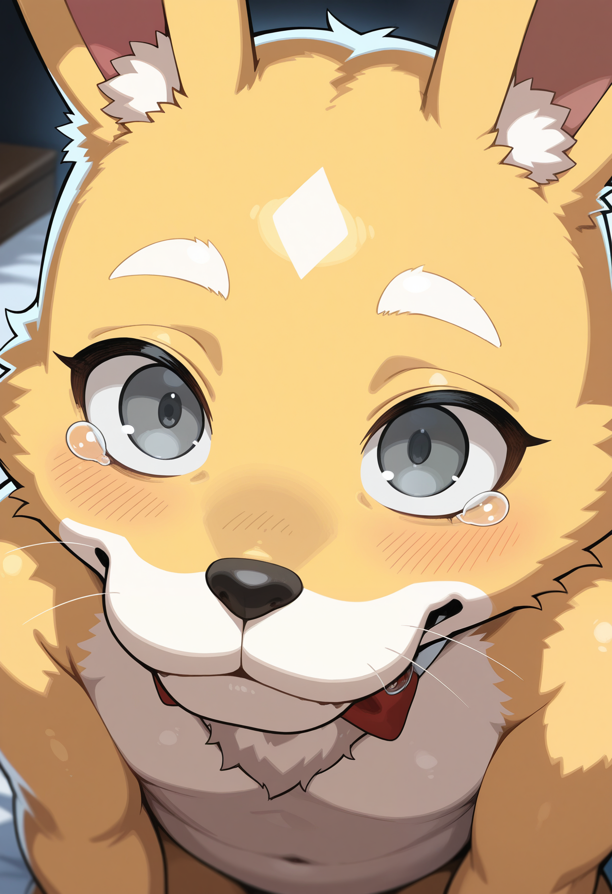 masterpiece,best quality, amazing quality, 1boy, solo, plushtr4p, bunny boy, grey eye, yellow fur, yellow chest, close up,