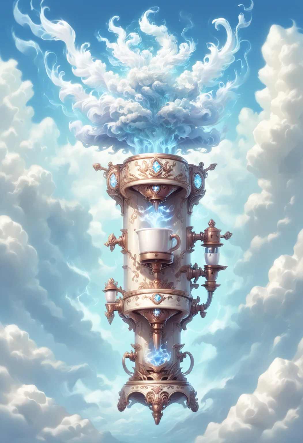 score_9, score_8_up, score_7_up, score_6_up, score_5_up, score_4_up <lora:PonyAirElementals:1> Air Elemental, high fantasy, coffee machine, swirling air, transparent, ethereal, majestic, detailed digital art, expressive eyes,cloudy sky background, magical elements,