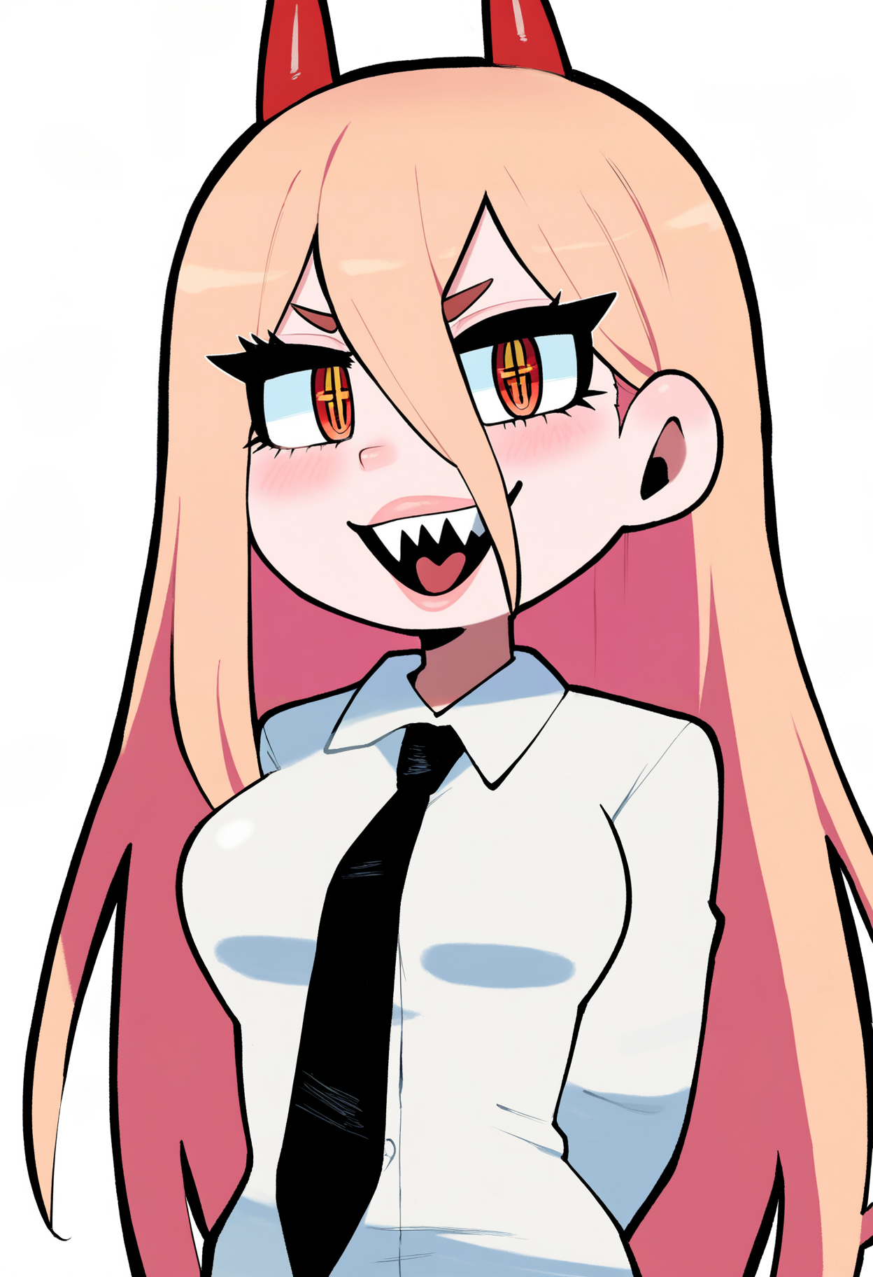 best quality, amazing quality, very aesthetic, absurdres,
BREAK
1girl, power \(chainsaw man\), pink hair, blonde hair, red horns, red eyes, cross-shaped pupils, long hair, sharp teeth, hair between eyes, symbol-shaped pupils,
collared shirt, black necktie, long sleeves,
looking at viewer, white shirt, open mouth, arms behind back,
simple background, white background, smile, upper body,   <lora:ThiccverseNoobLocon_byKonan:1>