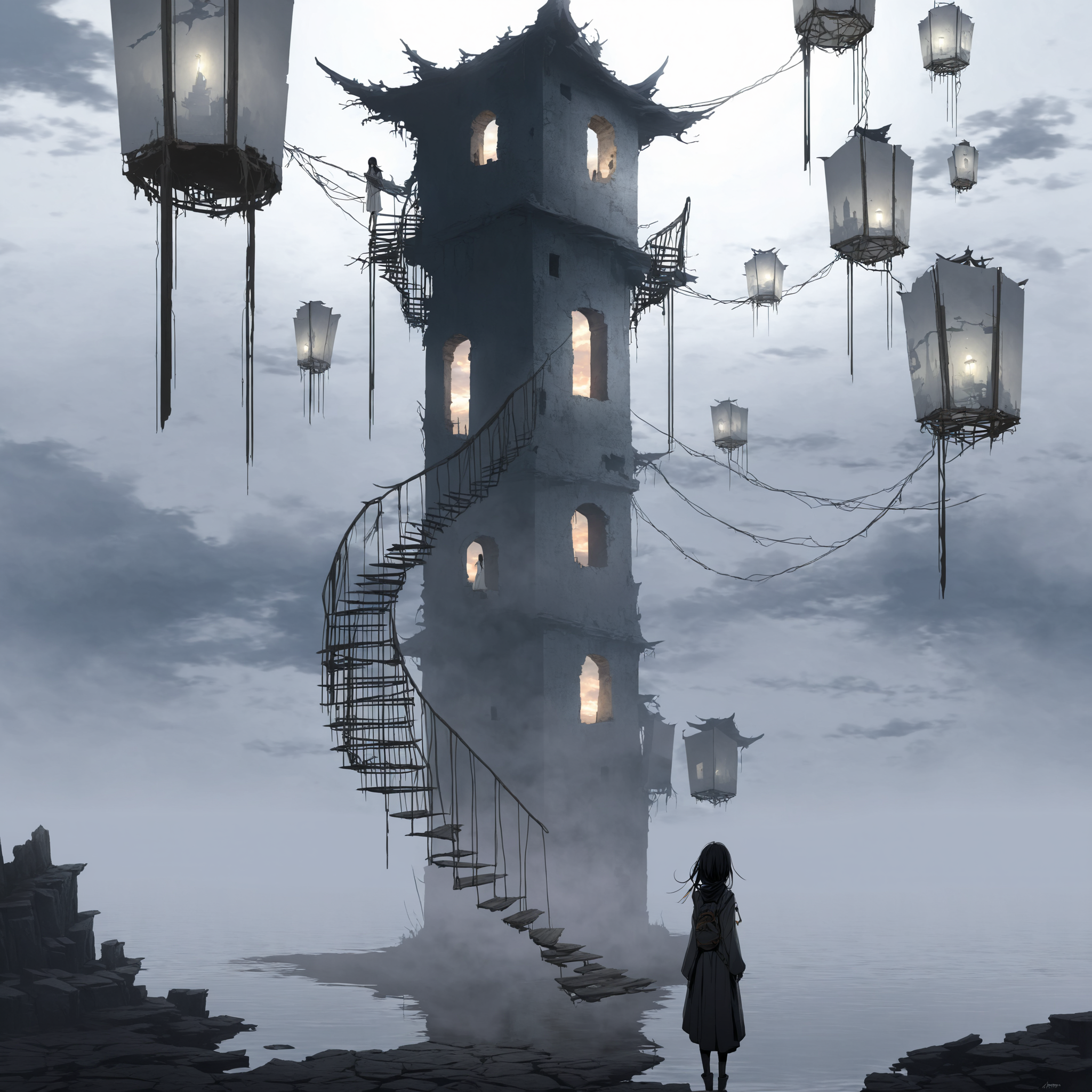 Lone wanderer, 1anime women sharp drawn, Time-Warped enclave of echoing ruins, Timeless silver lake, warped reality, floating lanterns, abandoned watchtower, strange skies, eerie fog, suspended moments, fading memories, ghostly inhabitants, surreal landscape