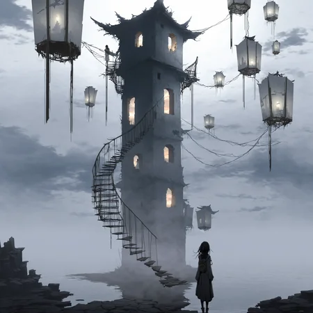 Lone wanderer, 1anime women sharp drawn, Time-Warped enclave of echoing ruins, Timeless silver lake, warped reality, floating lanterns, abandoned watchtower, strange skies, eerie fog, suspended moments, fading memories, ghostly inhabitants, surreal landscape