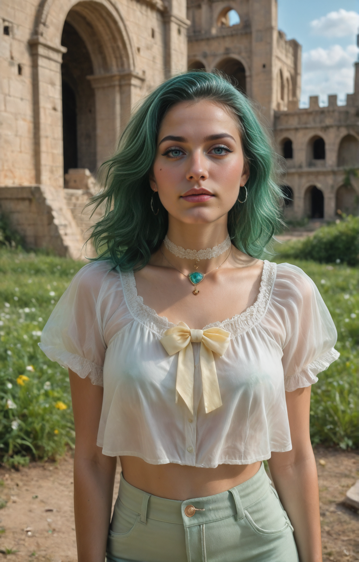 Stable_Yogis_PDXL_Positives  
Stable-Yogis-Makeup-Enhancer-XL
<lora:Dynamic_Lighting_by_Stable_Yogi_PONY2_v1:1>  dynamic lighting,  natural ambient light, 
Photo shoot, of a sexy young beautiful  Azerbaijani model ,  Subtle eye makeup style ,  Wavy shag hairstyle , Pastel green hair_color , Choker necklace with gems ,  wearing Chiffon see-through bow tie blouse, Ponte pants ,  ancient castle ruins on a windswept hilltop with views of the sea , shot with Canon EOS Rebel SL3 DSLR camera,  cinematic, dynamic_angle,  beautiful, realistic, real_life.