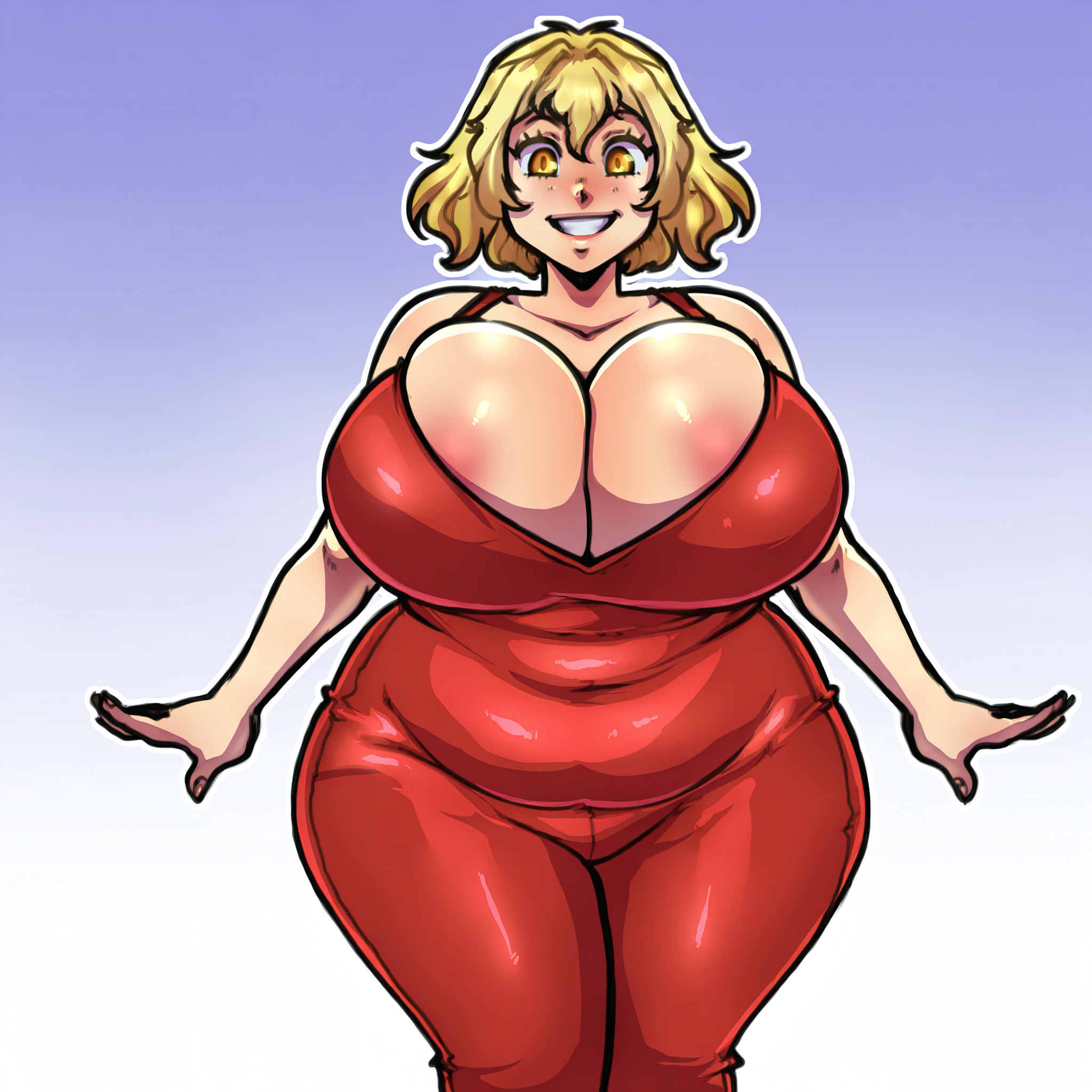 masterpiece, best quality, amazing quality, very aesthetic, absurdres, ,
1girl, solo, large breasts, front view, cowboy shot, three-quarter view, plump, smile, looking at viewer, parted lips, 
light gradient background, simple background, white outline, 
(masterpiece), (best quality), (ultra-detailed), amazing quality, very aesthetic, illustration, perfect composition, intricate details, absurdres, incredibly absurdres,
 <lora:ecchipandaa_style:1>, ecchipandaa,  