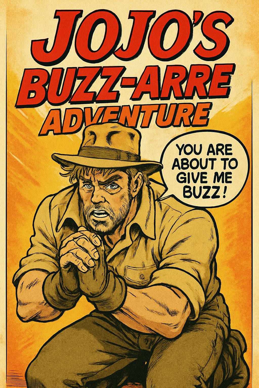 Create a poster in the style of: JoJo's Bizarre Adventure artwork.

At the center of the poster is Joseph Joestar of Stardust Crusaders, wearing beige colors, with a beige Fedora. He is on his knees begging the viewer. He has a speech bubble which reads: "You are about to give me Buzz!"

The poster has the title text: "JoJo's Buzz-arre Adventure"