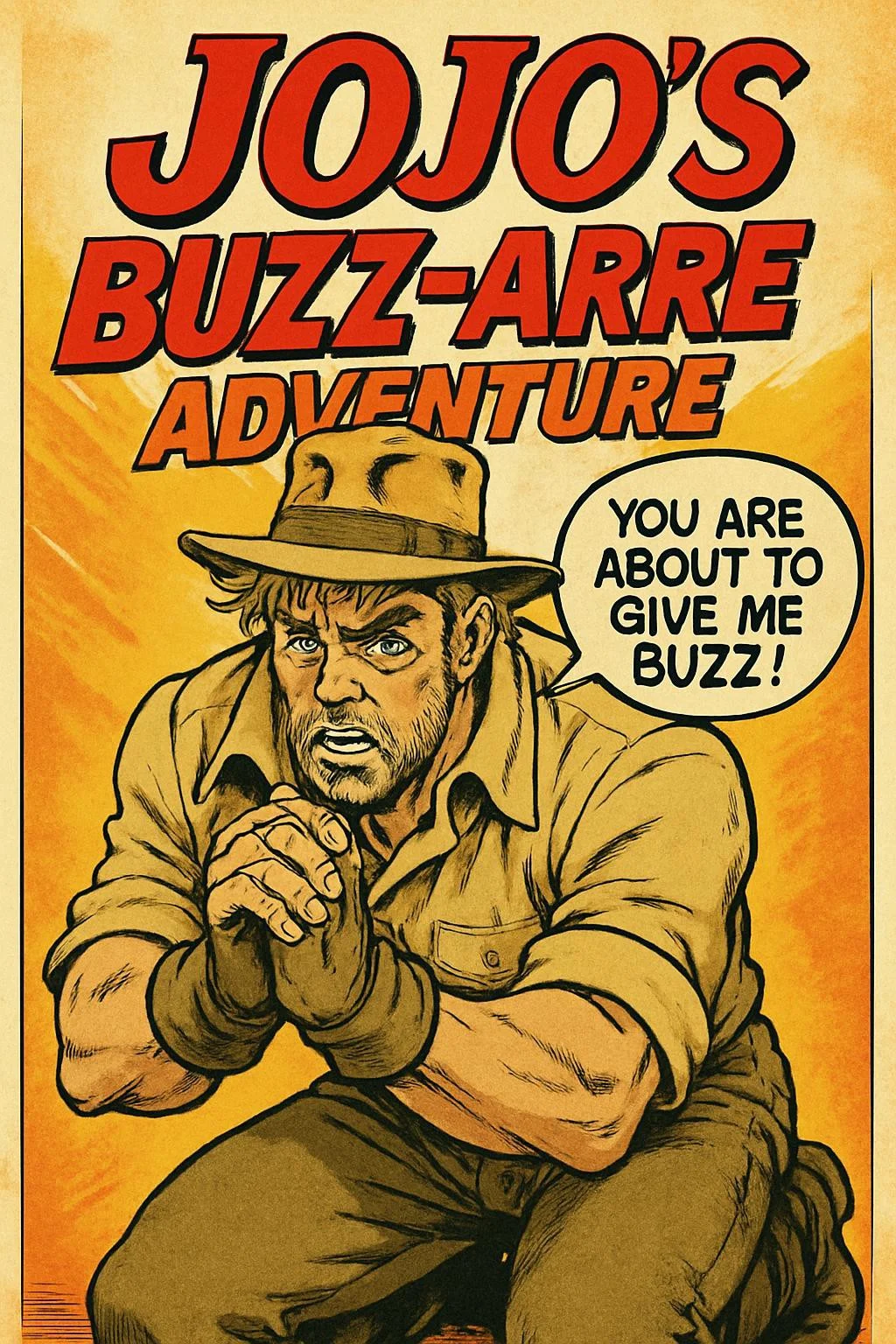 Create a poster in the style of: JoJo's Bizarre Adventure artwork.
At the center of the poster is Joseph Joestar of Stardust Crusaders, wearing beige colors, with a beige Fedora. He is on his knees begging the viewer. He has a speech bubble which reads: "You are about to give me Buzz!"
The poster has the title text: "JoJo's Buzz-arre Adventure"