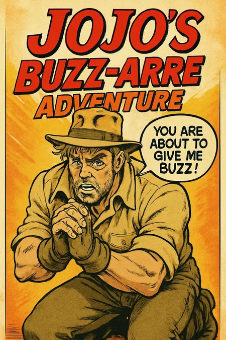 Create a poster in the style of: JoJo's Bizarre Adventure artwork.

At the center of the poster is Joseph Joestar of Stardust Crusaders, wearing beige colors, with a beige Fedora. He is on his knees begging the viewer. He has a speech bubble which reads: "You are about to give me Buzz!"

The poster has the title text: "JoJo's Buzz-arre Adventure"