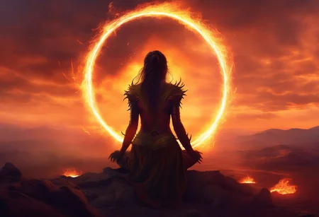 score_9, score_8_up, high quality, fire, 4k, fantasy setting, magic fire, 
massive, wide, scorched landscape littered with burned armor and weapons
kneeling in the middle of the wasteland is a, solo, silohuette of a tiny female sorceress with their hands held up to the sky with multiple concentric rings of fire above them