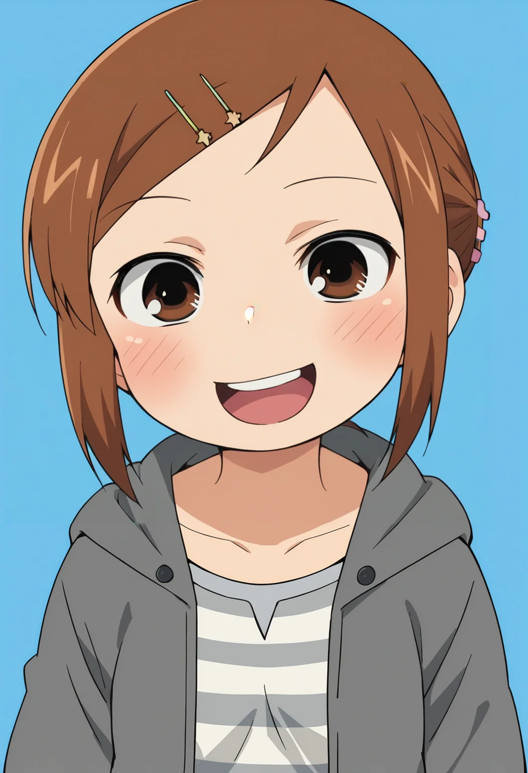 score_9, score_8_up, score_8, source_anime, 1girl, <lora:Miyashita:0.9> solo, brown hair, hair ornament, hairclip, brown eyes, short hair, gray hoodie, striped shirt, blush, looking at viewer, upper body, happy, laugh, 
simple background, light blue background,
