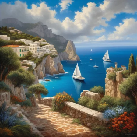 italy, capri coast, sea, sunny day, summer, sailing boat, clouds on the sky, oil painting style, , hyper detailed, masterpiece, hyperrealistic, high quality, sharp, highly detailed in Brooding landscapes, epic scale, German myth, layered symbolic density, pixel art, 32bits